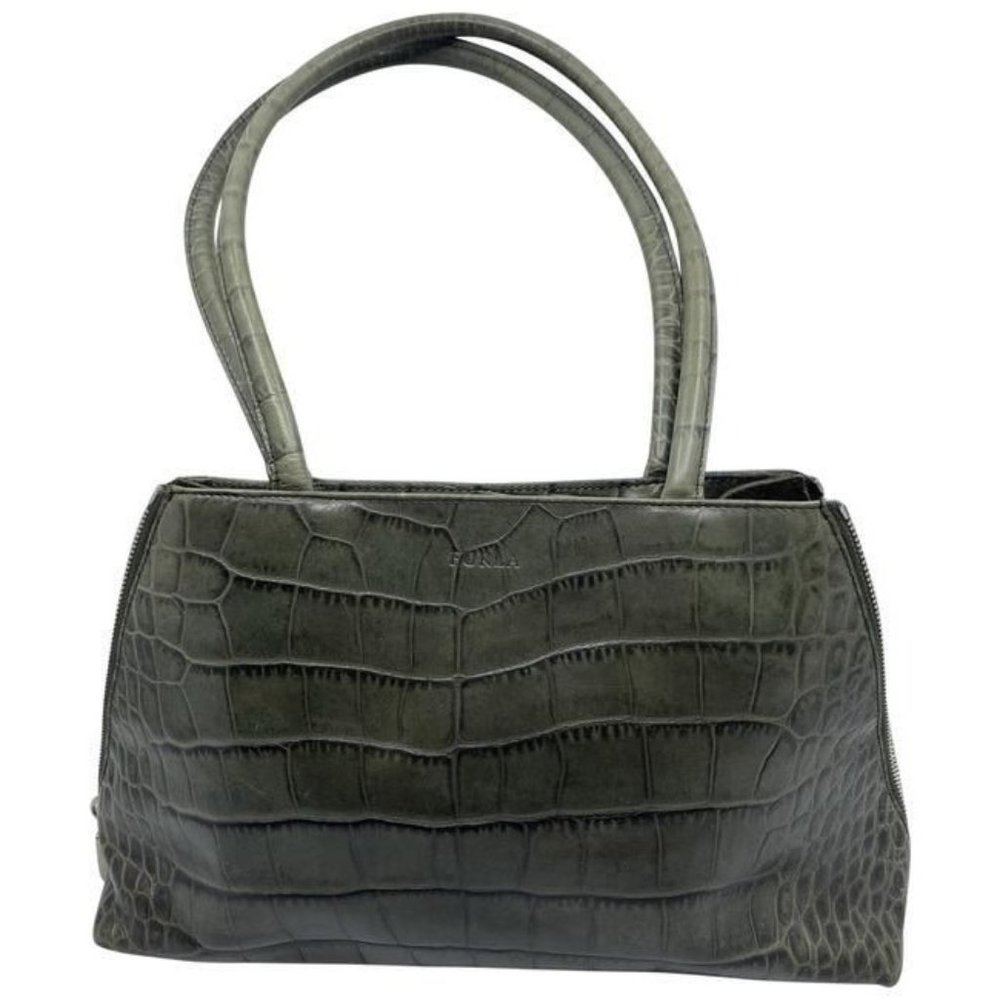 Furla Croco Embossed Bowler Green Leather Shoulder Bag - Picture 1 of 8